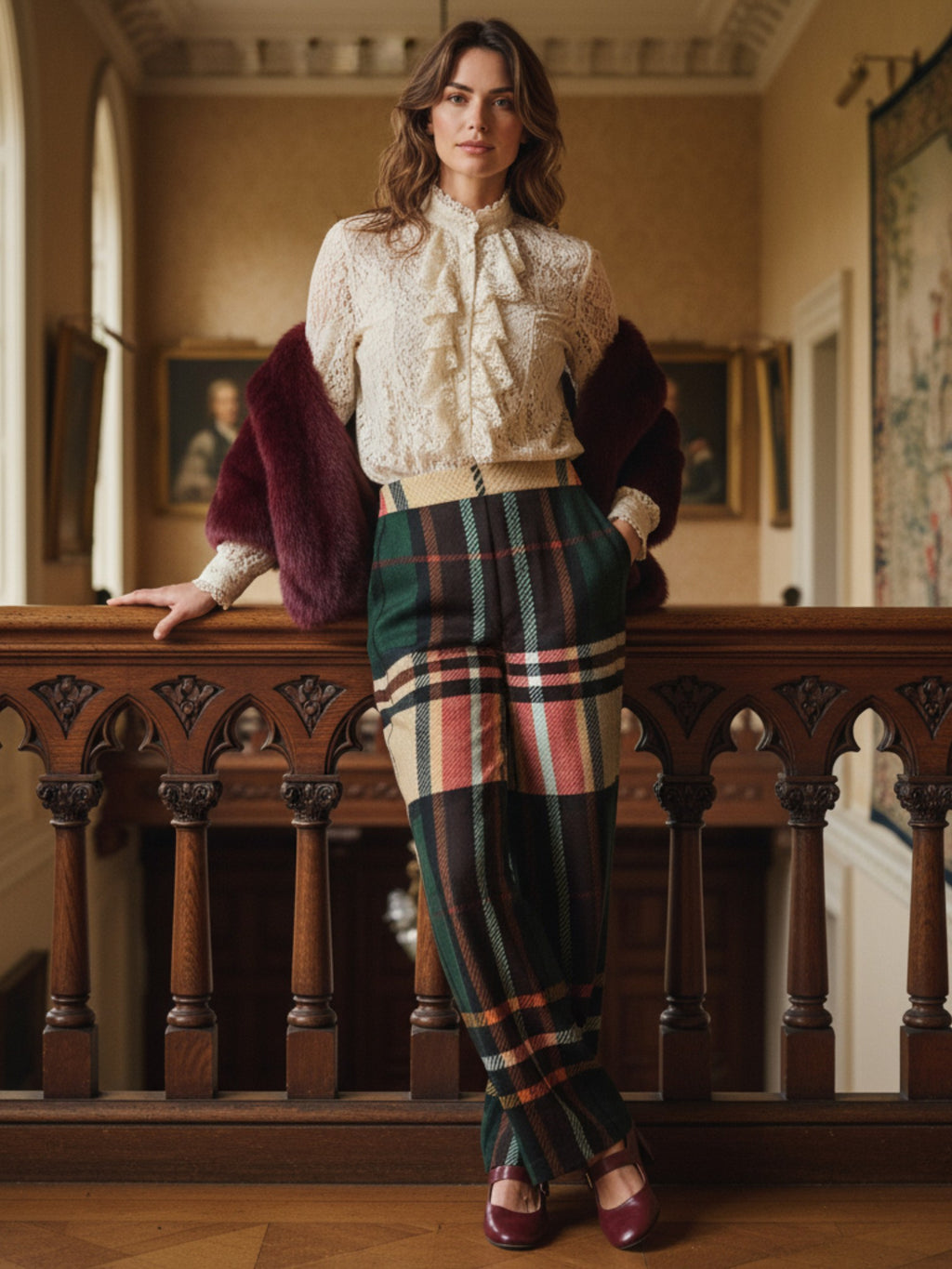 Woman wearing women's Green tartan wide-leg trousers paired with a ruffled cream blouse and burgundy shoes