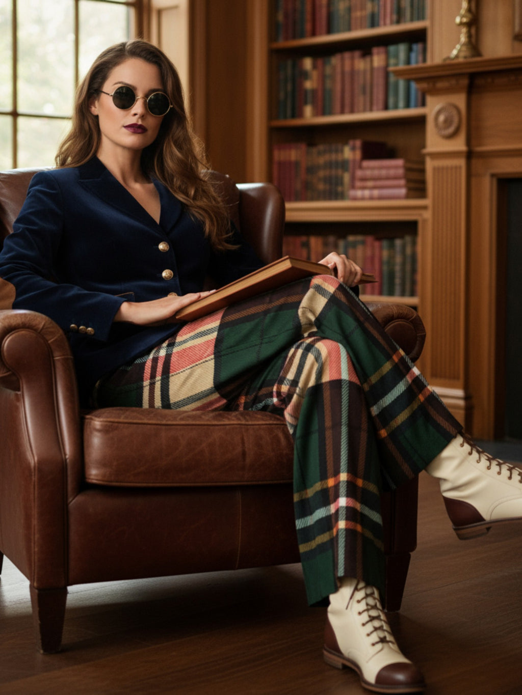 Woman wearing women's Green tartan wide-leg trousers sitting in a leather armchair with sunglasses