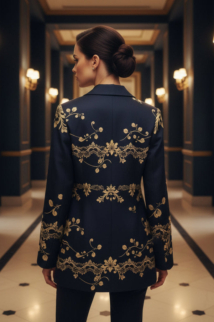 Back view of women's navy gold floral baroque blazer with intricate gold embroidery from Angelic Blessings Shop