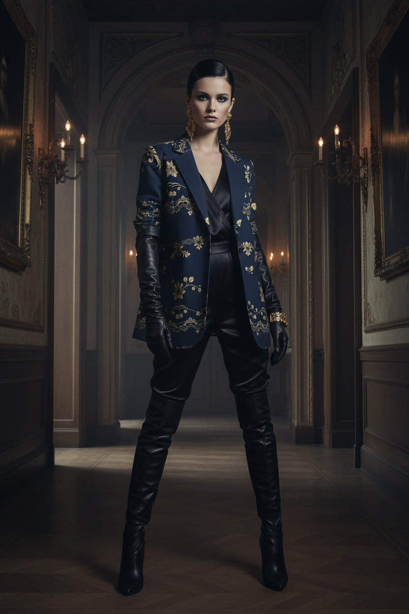 Womens navy gold floral baroque blazer styled with black leather gloves and boots in elegant setting