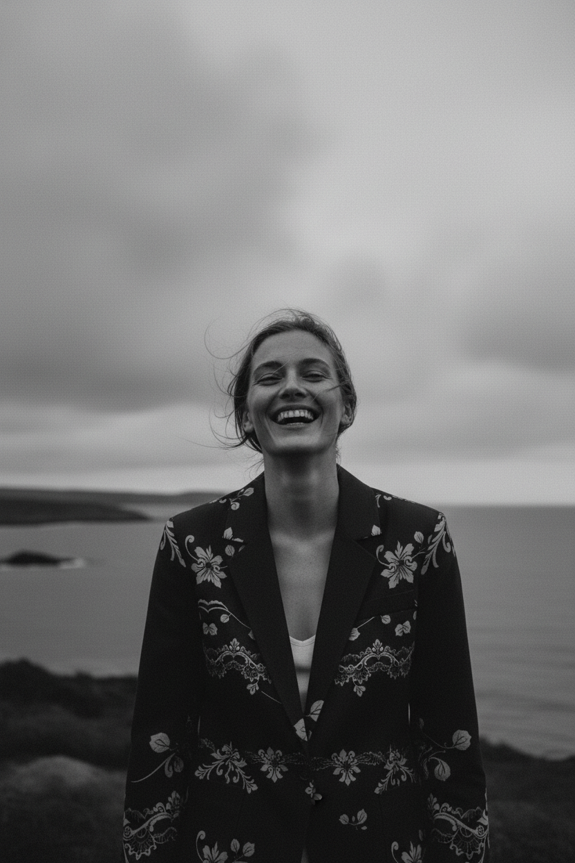 Woman wearing women's navy gold floral baroque blazer standing outdoors near a body of water