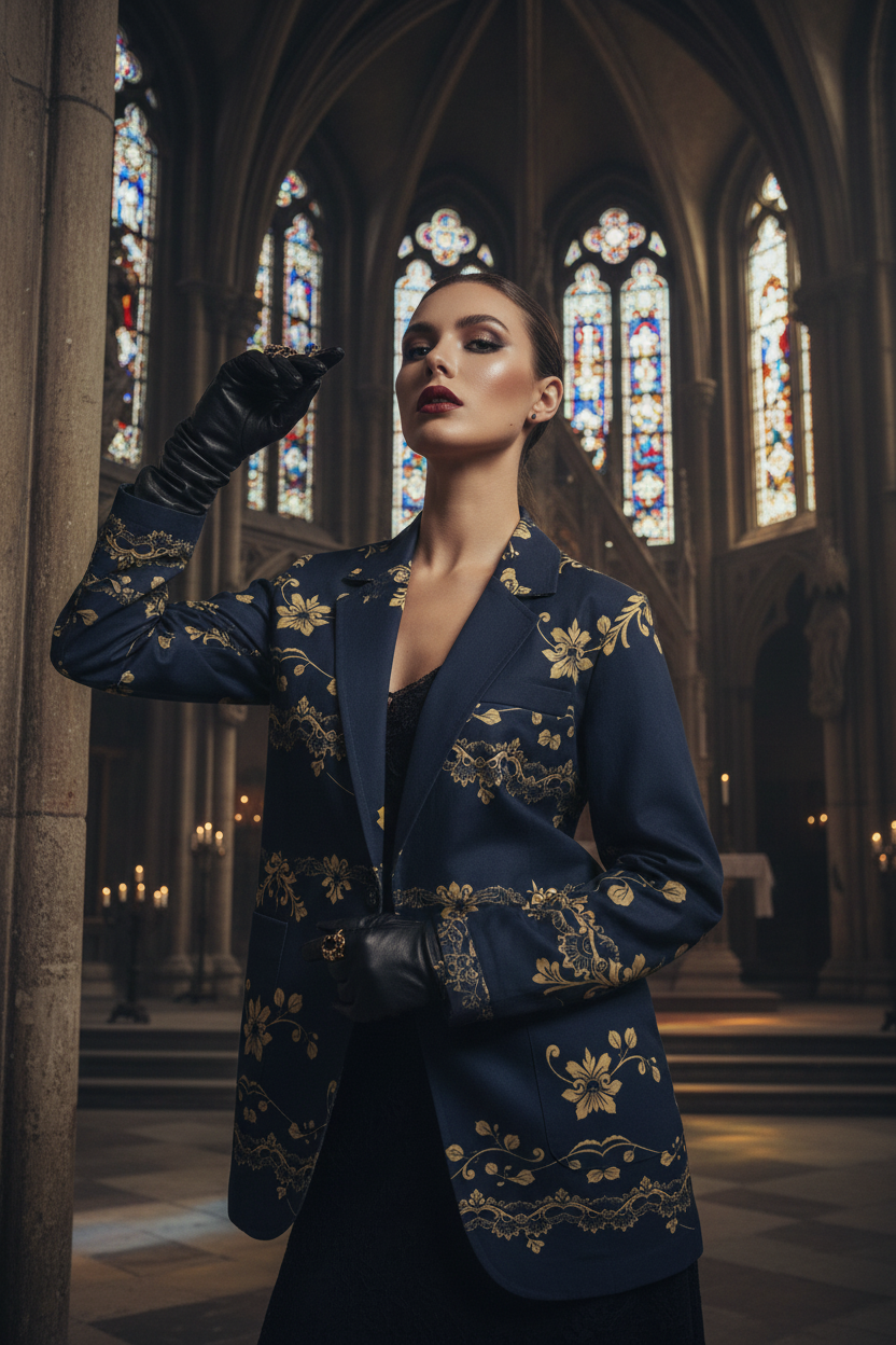 Women wearing women's navy gold floral baroque blazer by Angelic Blessings Shop in elegant church setting