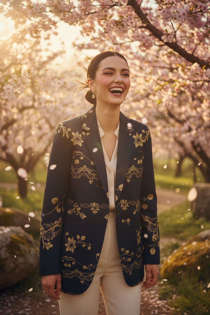 Woman wearing women's navy gold floral baroque blazer by Angelic Blessings Shop in outdoor floral setting