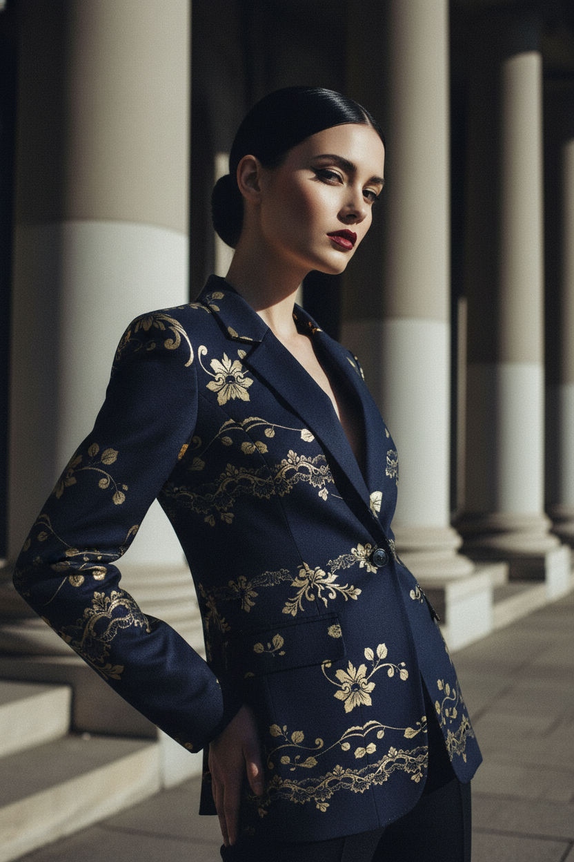Women's navy gold floral baroque blazer with intricate patterns by Angelic Blessings Shop