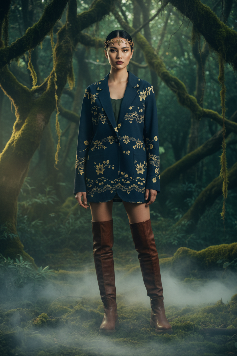 Women wearing a women's navy gold floral baroque blazer standing in a misty forest setting