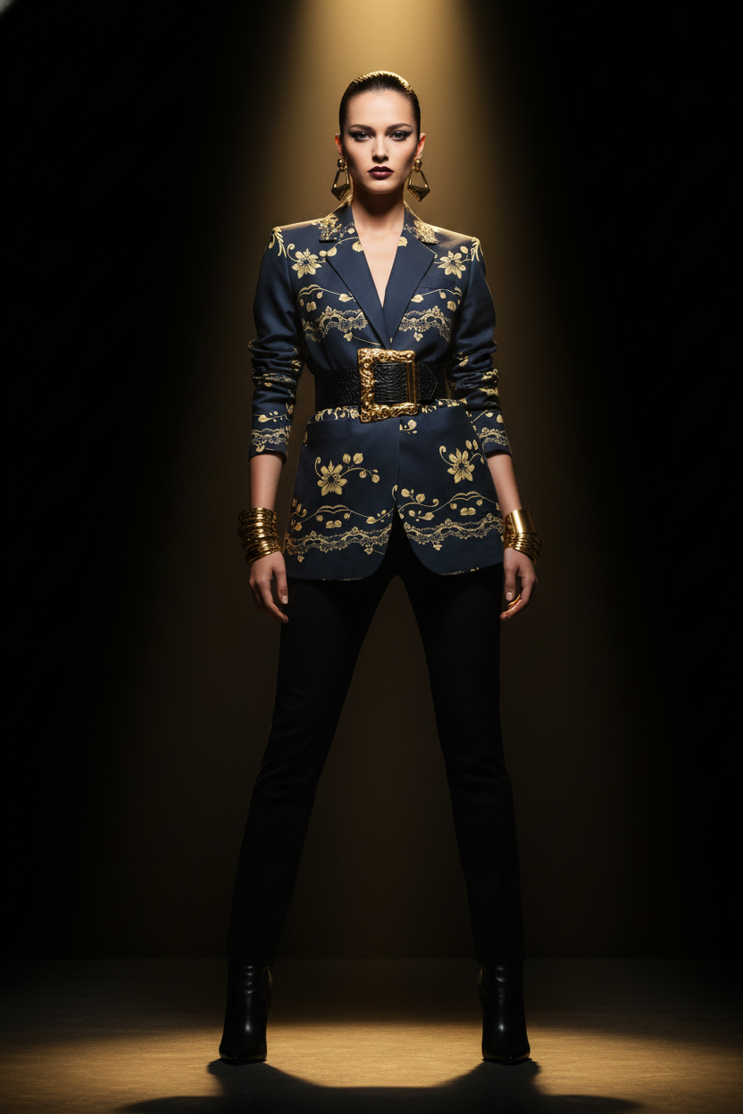 Women’s navy gold floral baroque blazer with matching belt worn by model from Angelic Blessings Shop