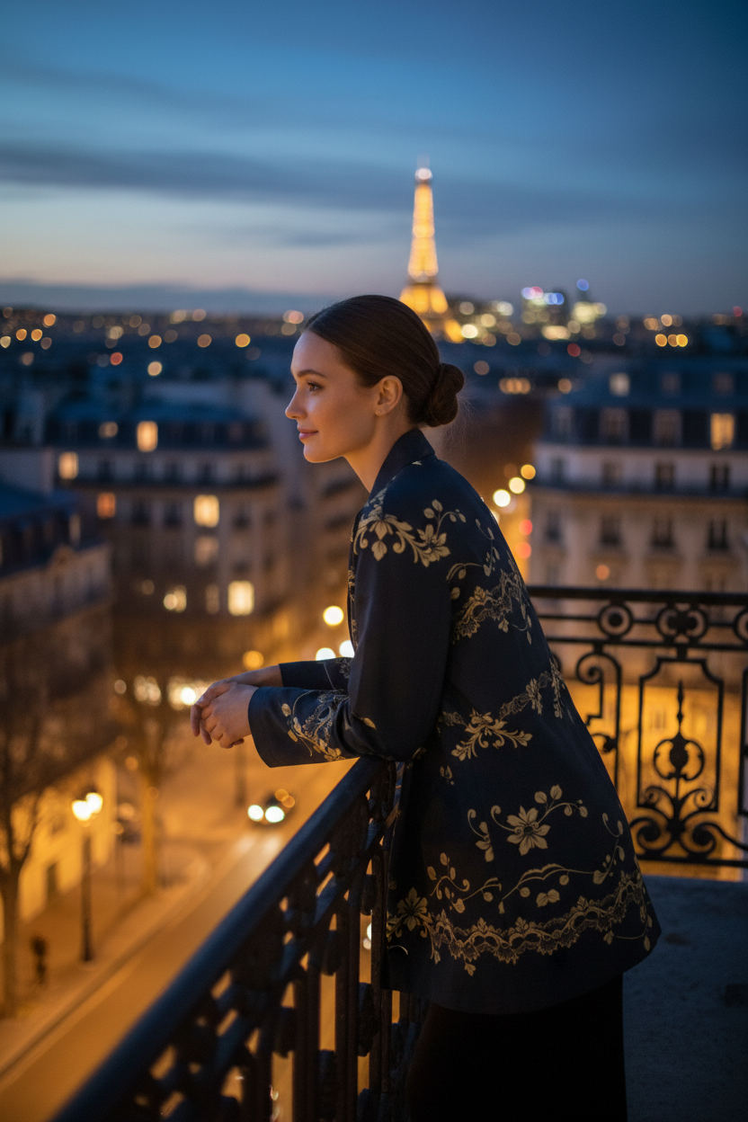 Woman wearing women's navy gold floral baroque blazer standing on balcony with city lights and Eiffel Tower in background