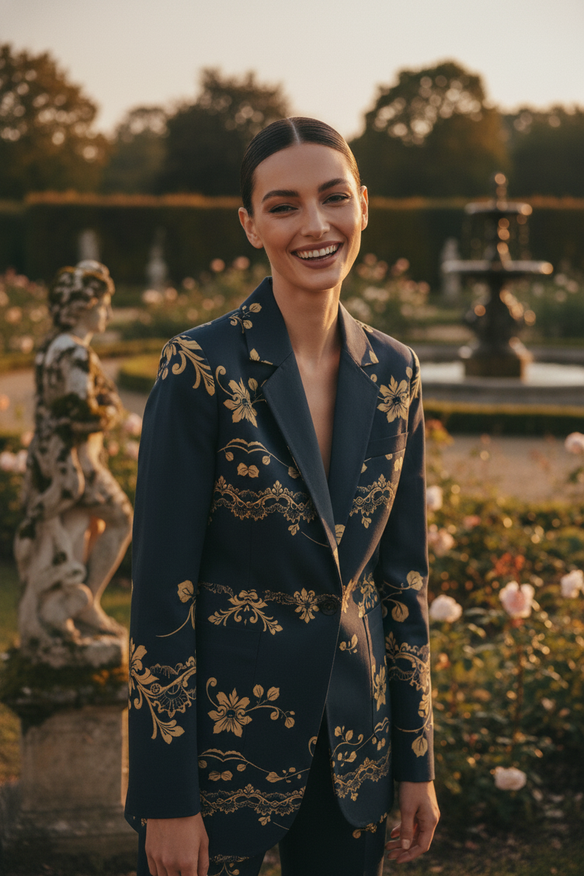 Womens navy gold floral baroque blazer from Angelic Blessings Shop worn in garden setting