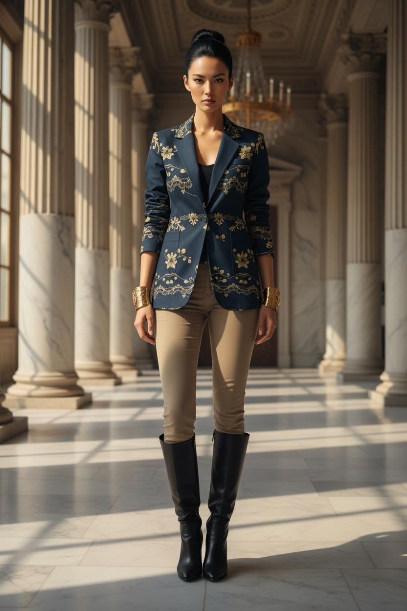 Women wearing women's navy gold floral baroque blazer styled with beige pants and black boots