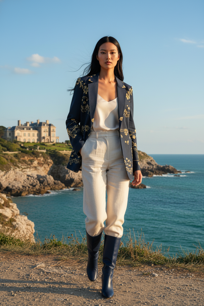 Women's navy gold floral baroque blazer from Angelic Blessings Shop styled with white top and pants by the seaside