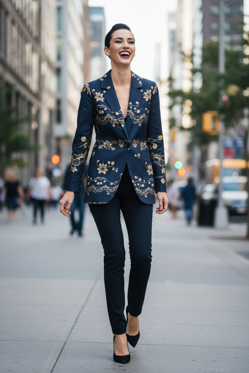 Women's navy gold floral baroque blazer with matching navy pants worn on city street