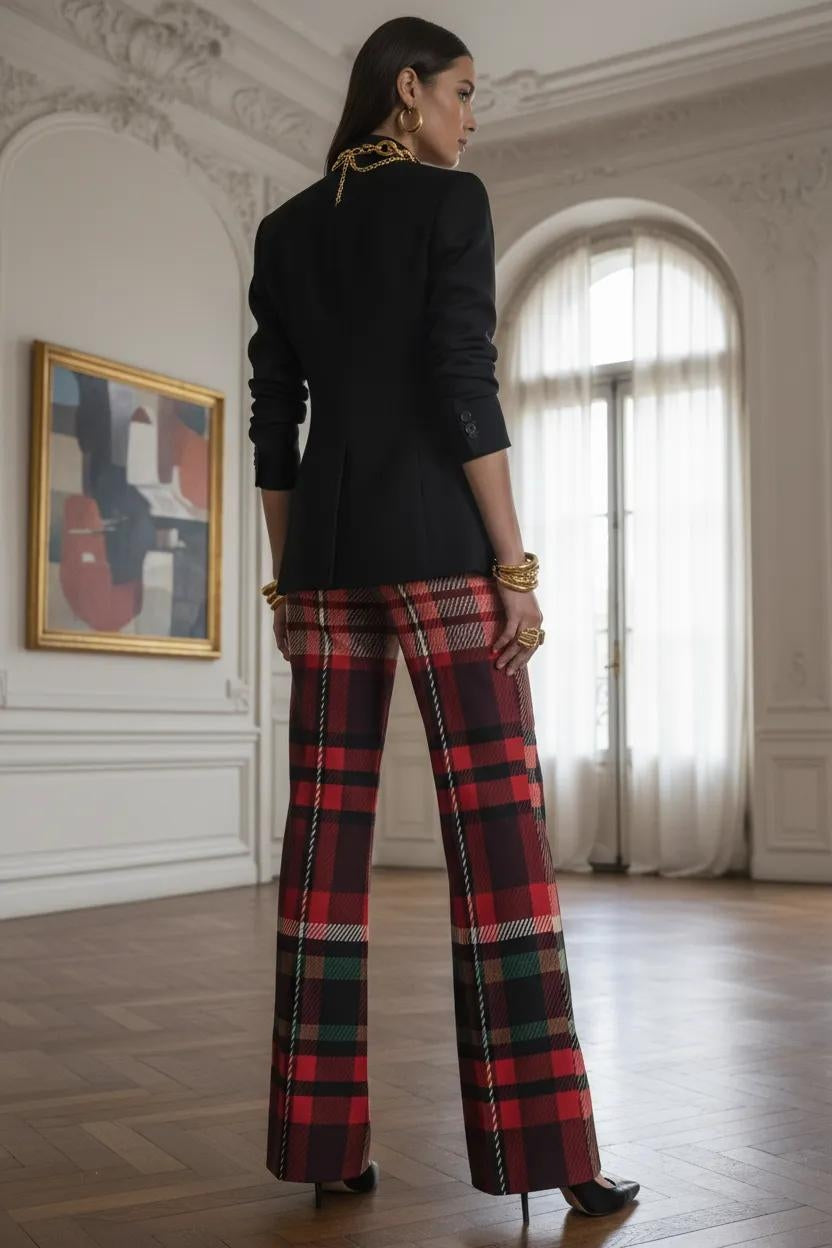 Women’s red green tartan wide leg trousers stylish fit