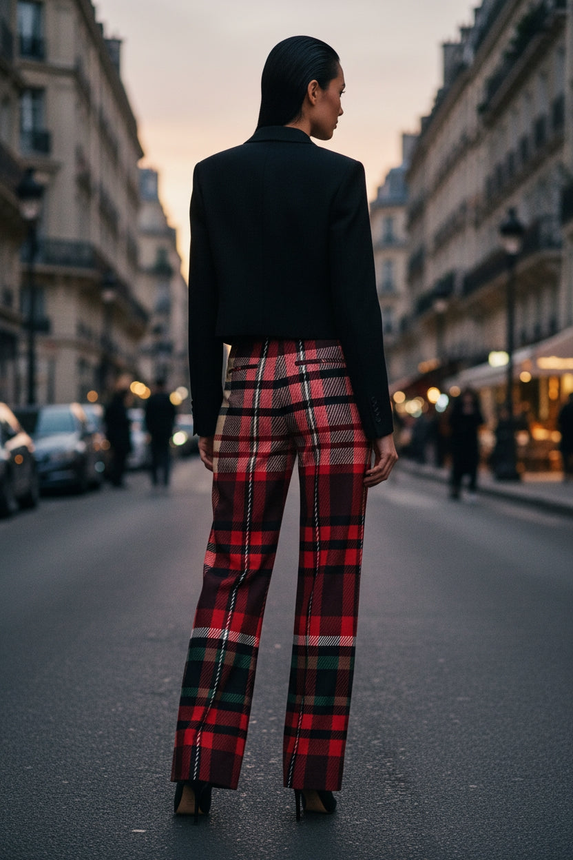 Women's red green tartan wide leg trousers stylish relaxed fit