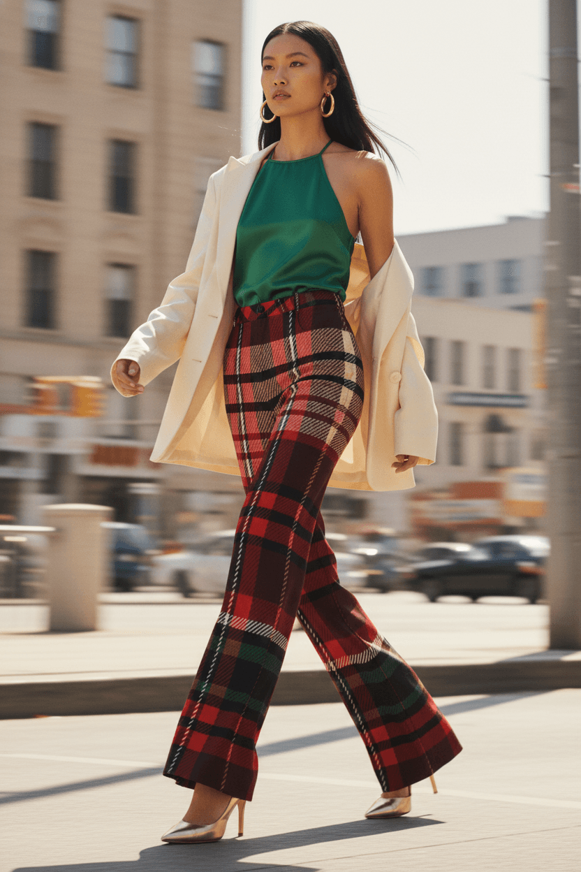 women's red green tartan wide leg trousers stylish casual wear
