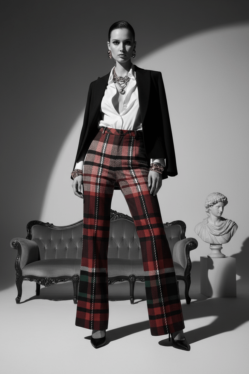 women's red green tartan wide leg trousers stylish formal wear