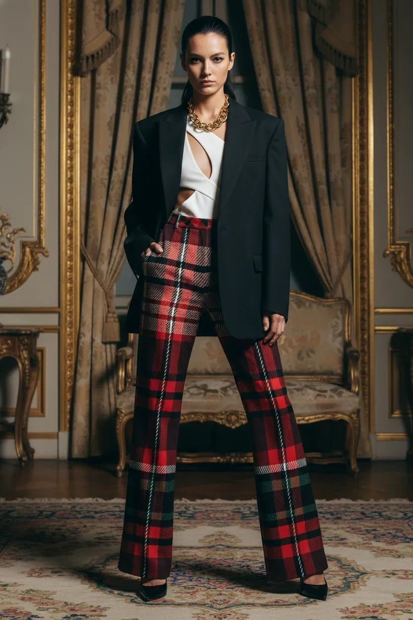 Women's red green tartan wide leg trousers stylish formal fit