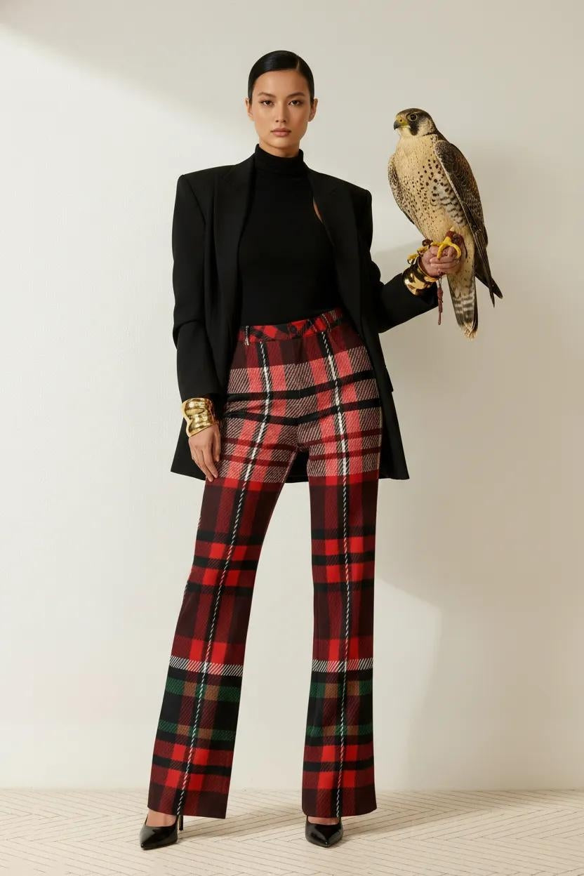 women's red green tartan wide leg trousers with high waist and tailored fit