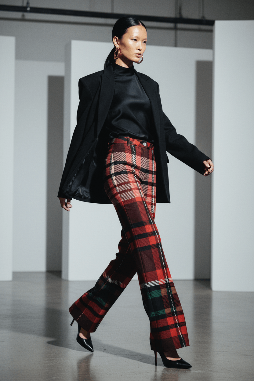 Women’s red green tartan wide leg trousers stylish and versatile