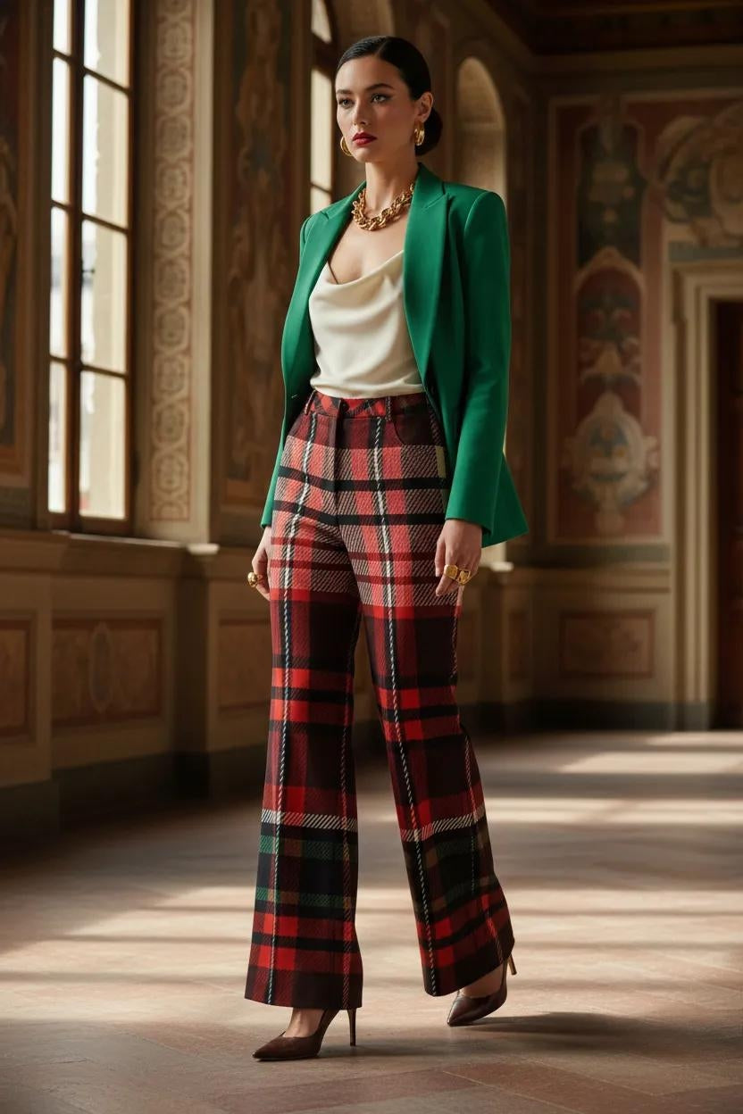 Women's red green tartan wide leg trousers with high waist stylish fit