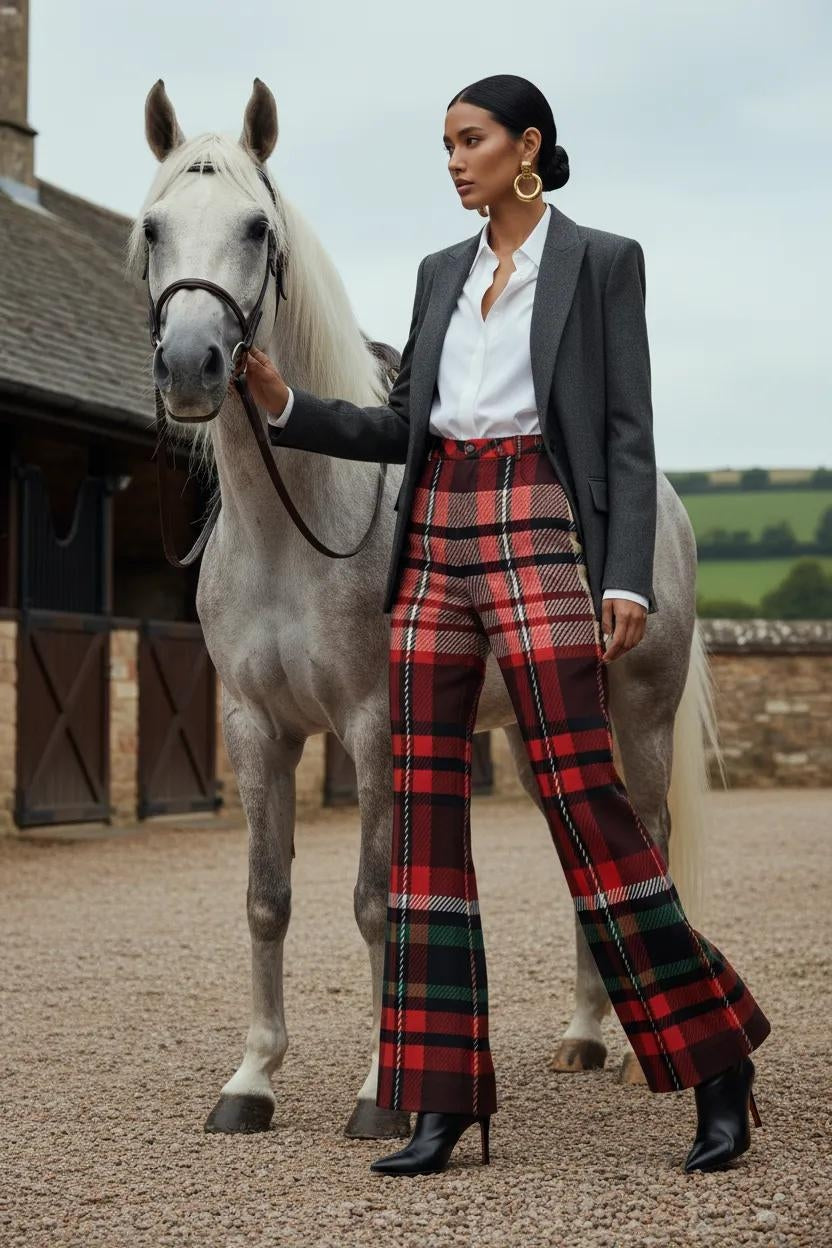 Women's red green tartan wide leg trousers by Angelic Blessing Shop