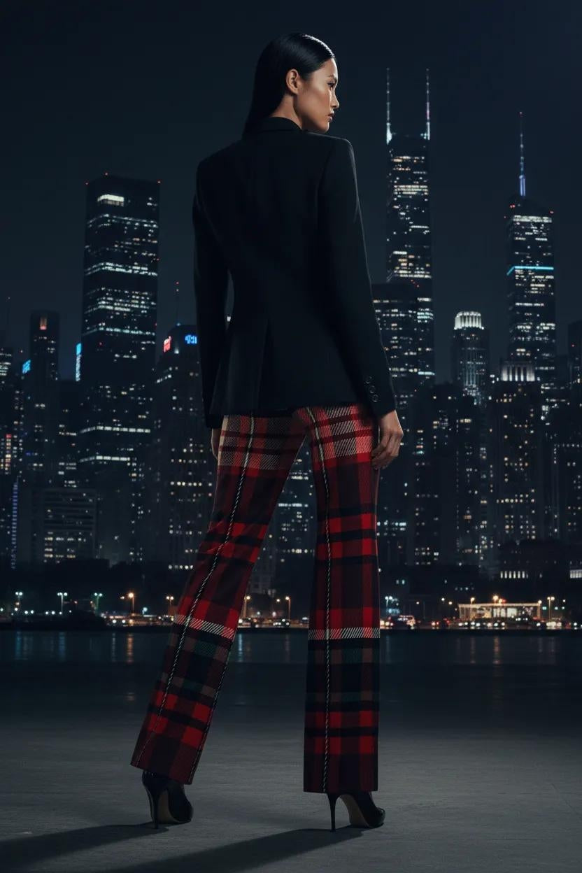 Women's red green tartan wide leg trousers with high waist and straight fit