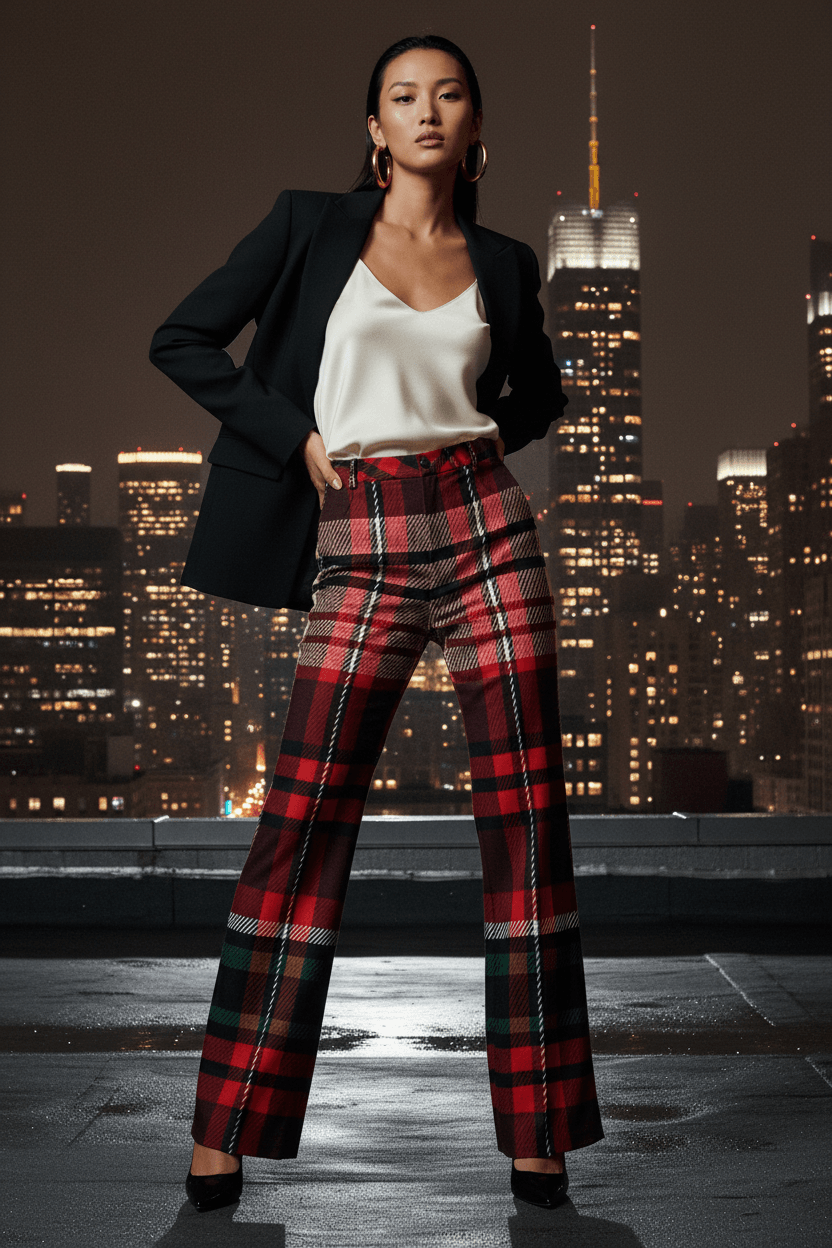 womens red green tartan wide leg trousers stylish evening wear