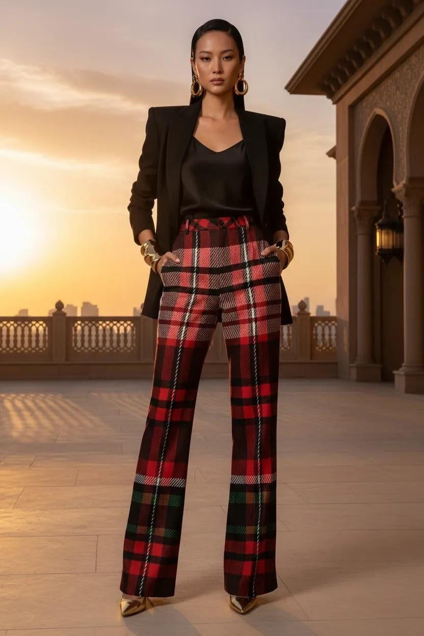 women's red green tartan wide leg trousers stylish bold statement