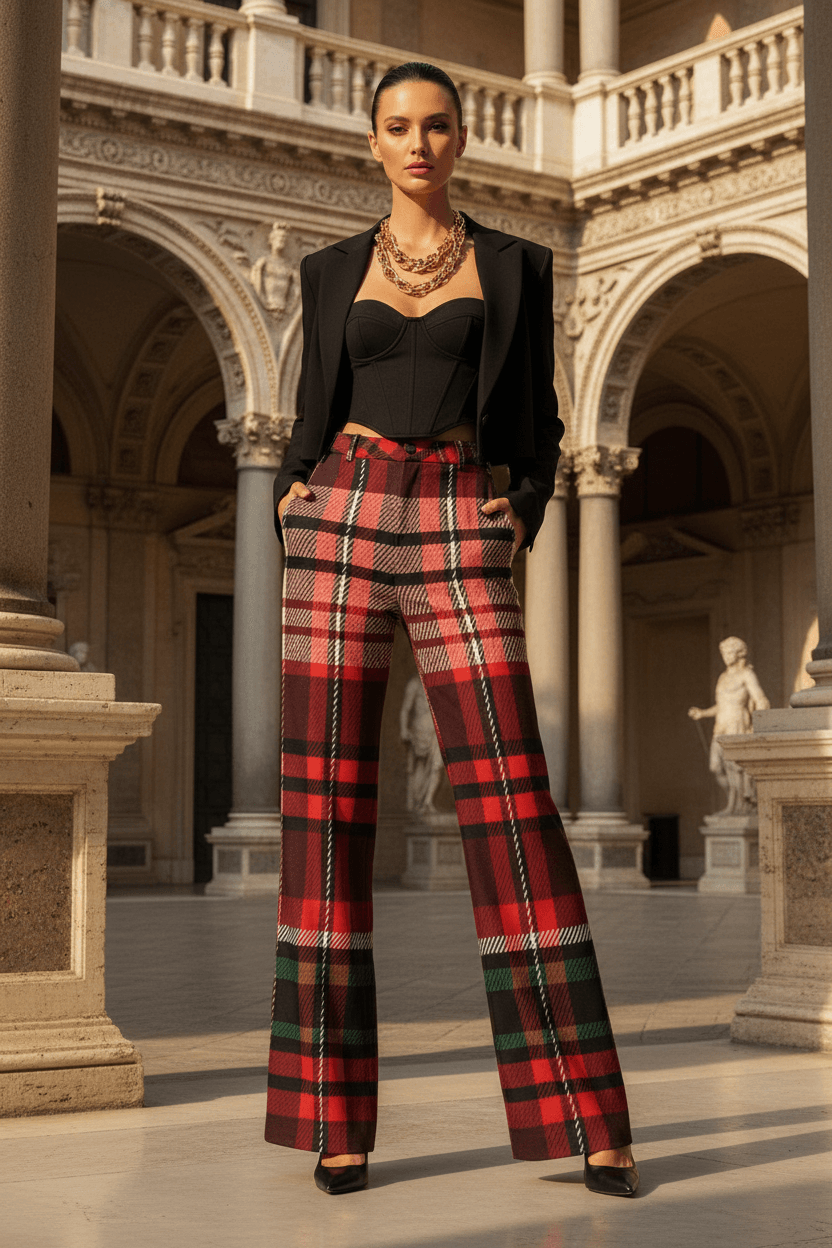 Women's red green tartan wide leg trousers with high waist from Angelic Blessing Shop