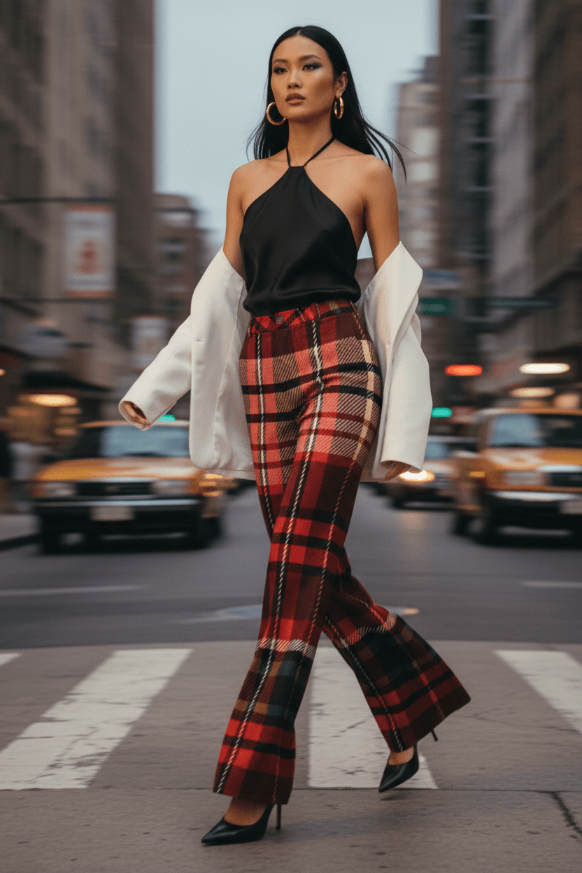 Women's red green tartan wide leg trousers stylish fitted urban look