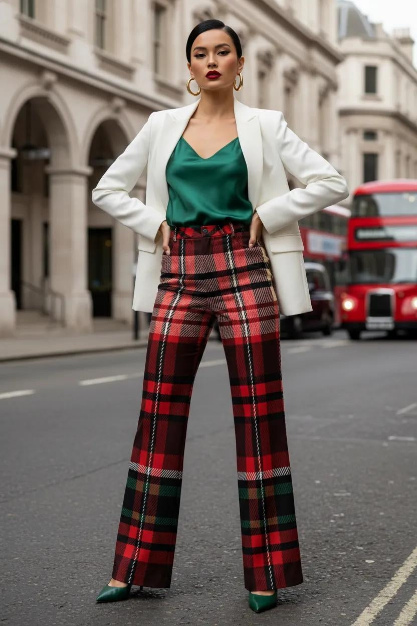 Women’s red green tartan wide leg trousers bold check pattern stylish fit