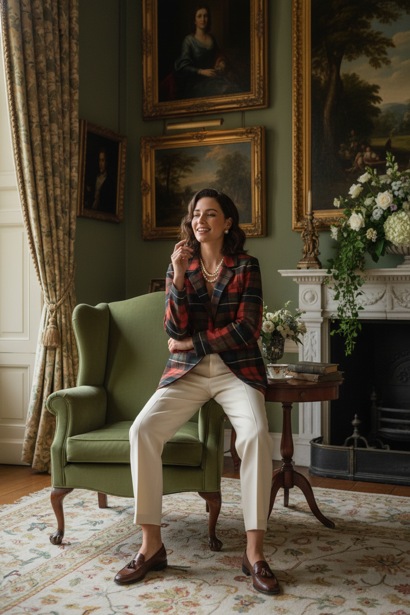 Full-body view of a woman wearing a red tartan blazer, classic Scottish plaid jacket.