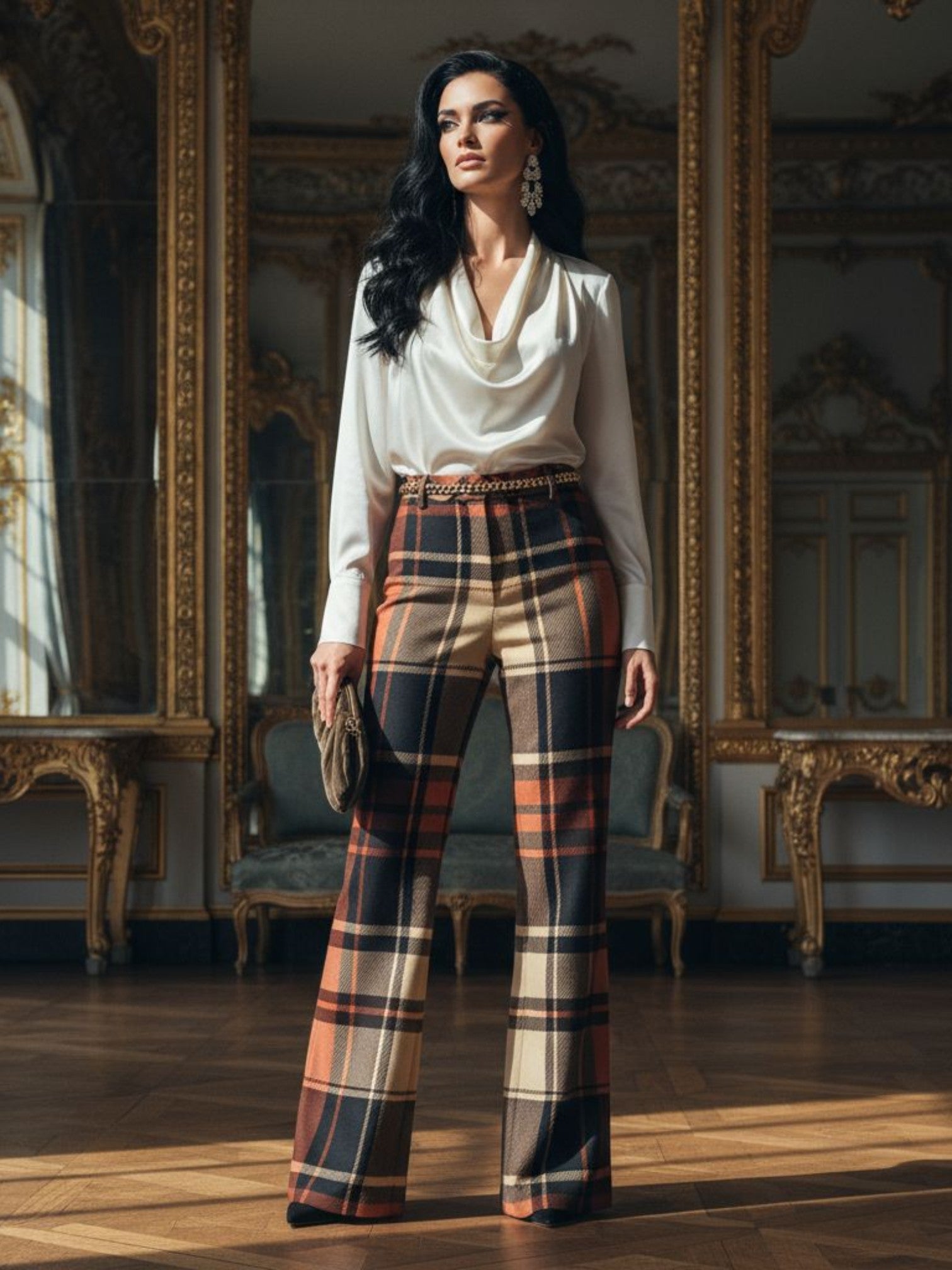Women wearing women’s wide leg high waist tartan trousers in beige and black plaid from Angelic Blessings Shop