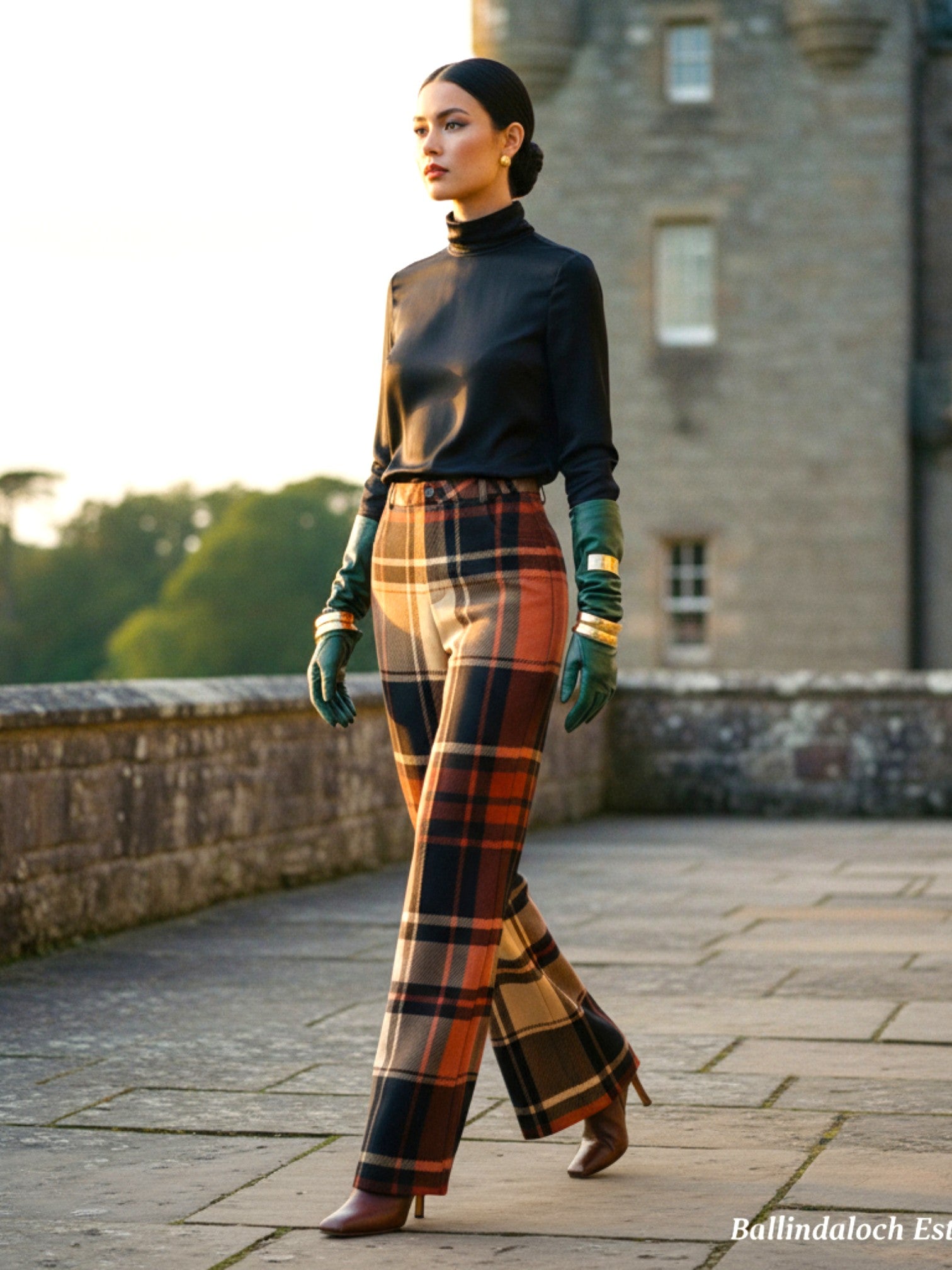 Woman wearing women’s wide leg high waist tartan trousers with black top and green gloves outdoors