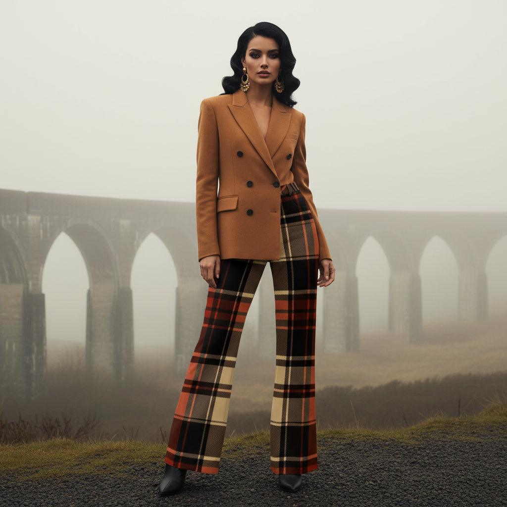 Woman wearing women’s wide leg high waist tartan trousers with a brown blazer outdoors