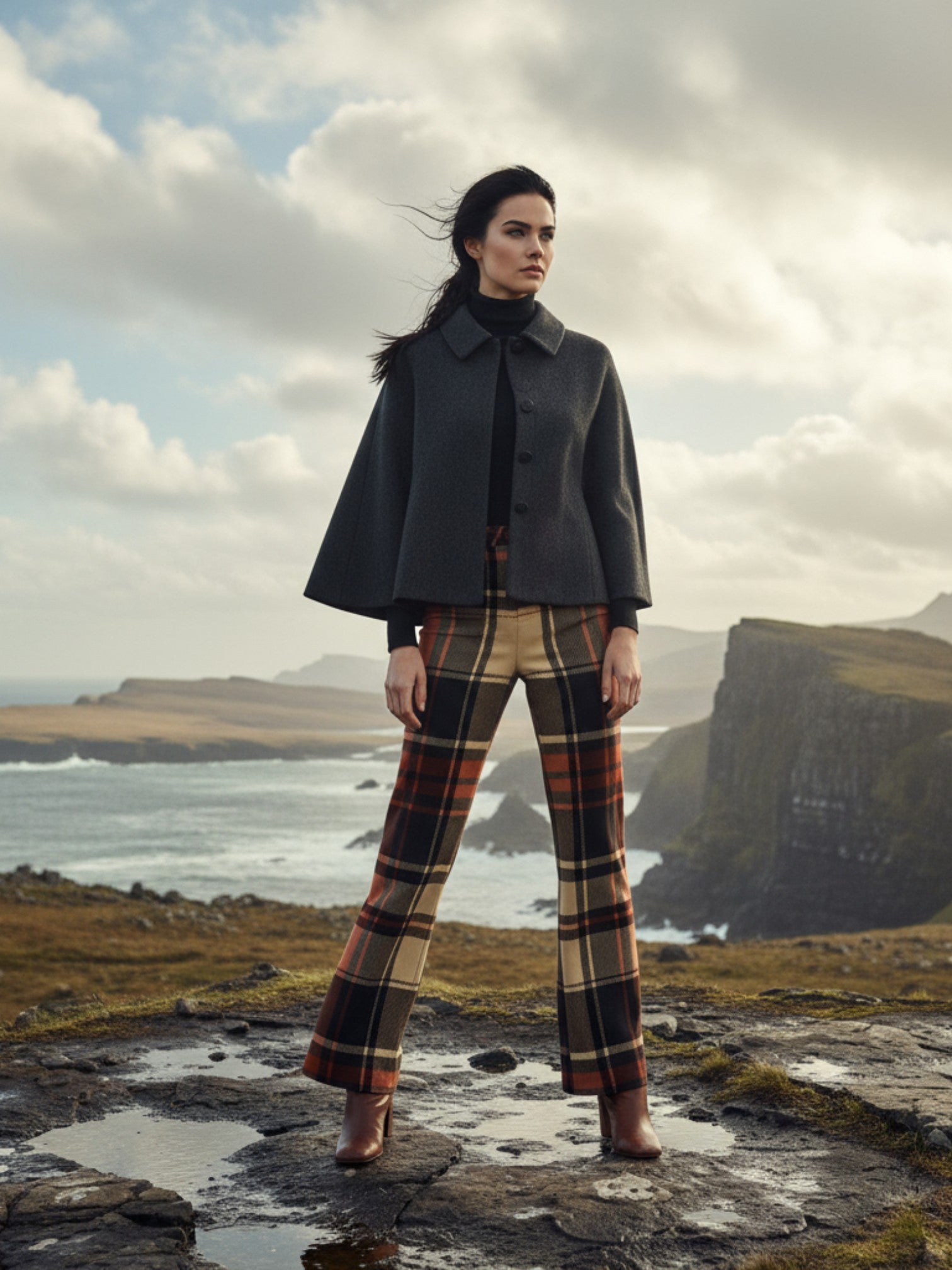 Women’s wide leg high waist tartan trousers styled with a black cape jacket on a rocky coastal landscape