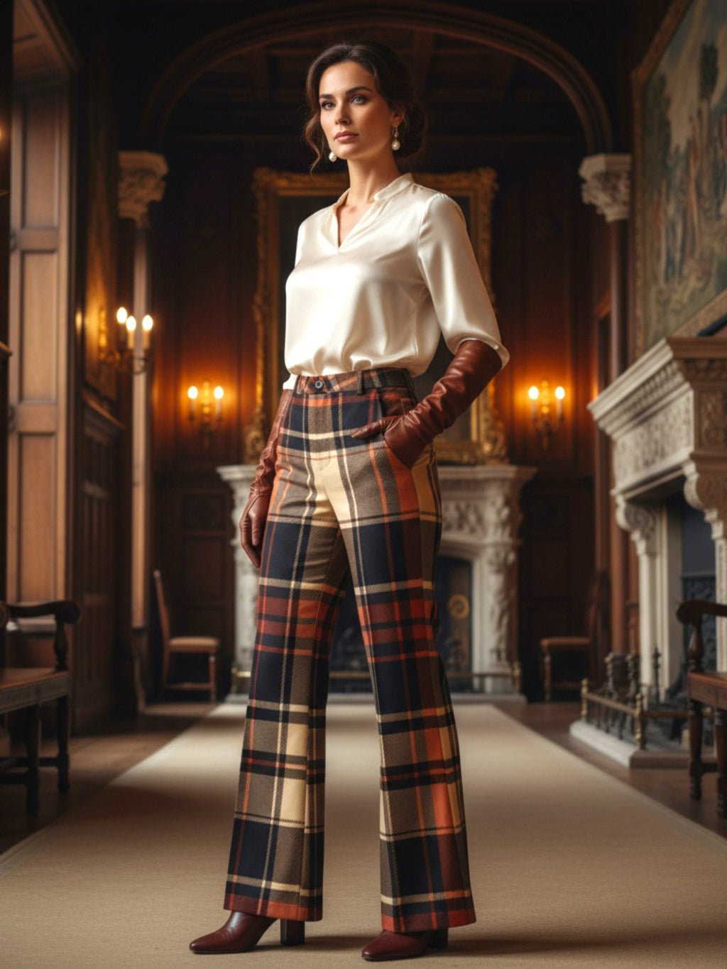 Woman wearing women’s wide leg high waist tartan trousers with a satin blouse and leather gloves