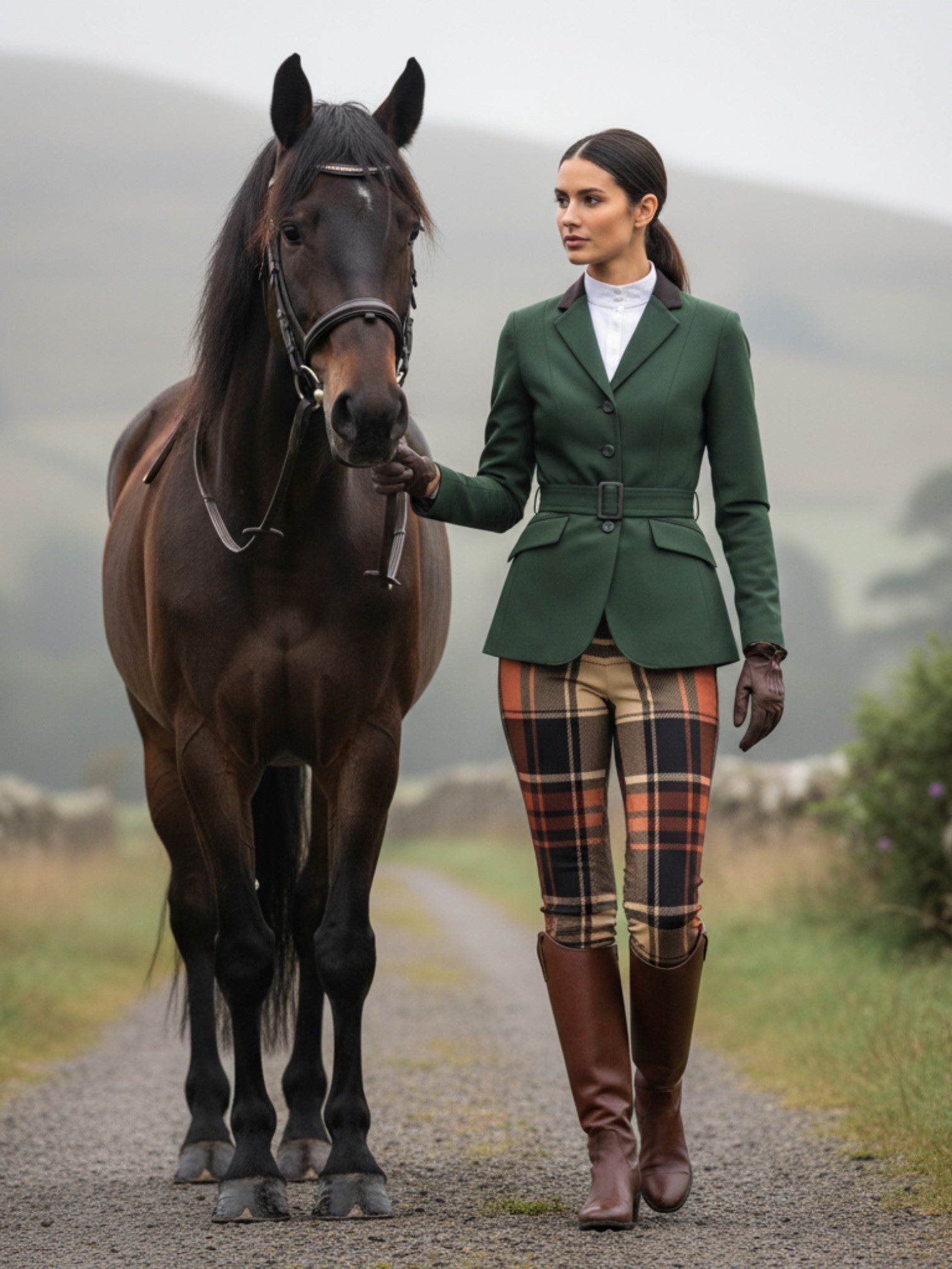 Women’s wide leg high waist tartan trousers worn with green blazer and brown boots beside a horse