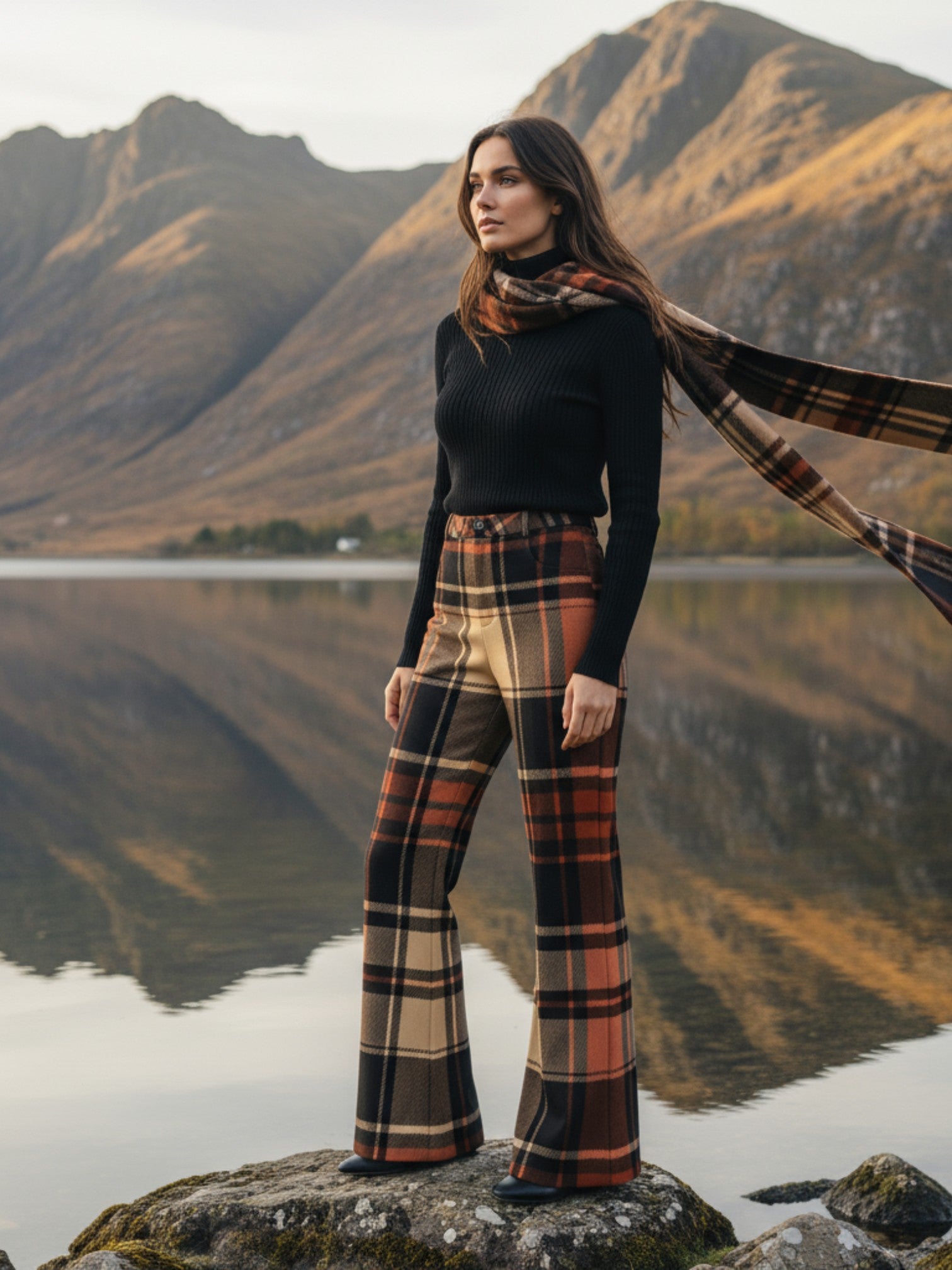 Woman wearing women’s wide leg high waist tartan trousers in brown and black standing by a lake with mountains in the background