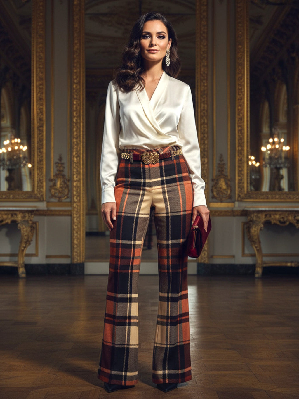 Women’s wide leg high waist tartan trousers in brown and beige plaid styled with white satin blouse