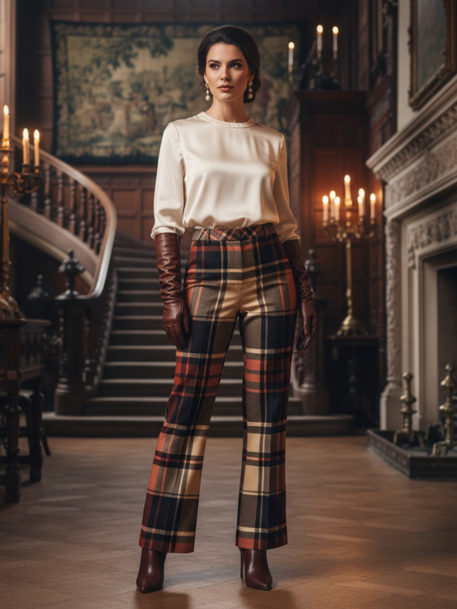 Woman wearing women’s wide leg high waist tartan trousers with brown, beige, and navy plaid pattern indoors