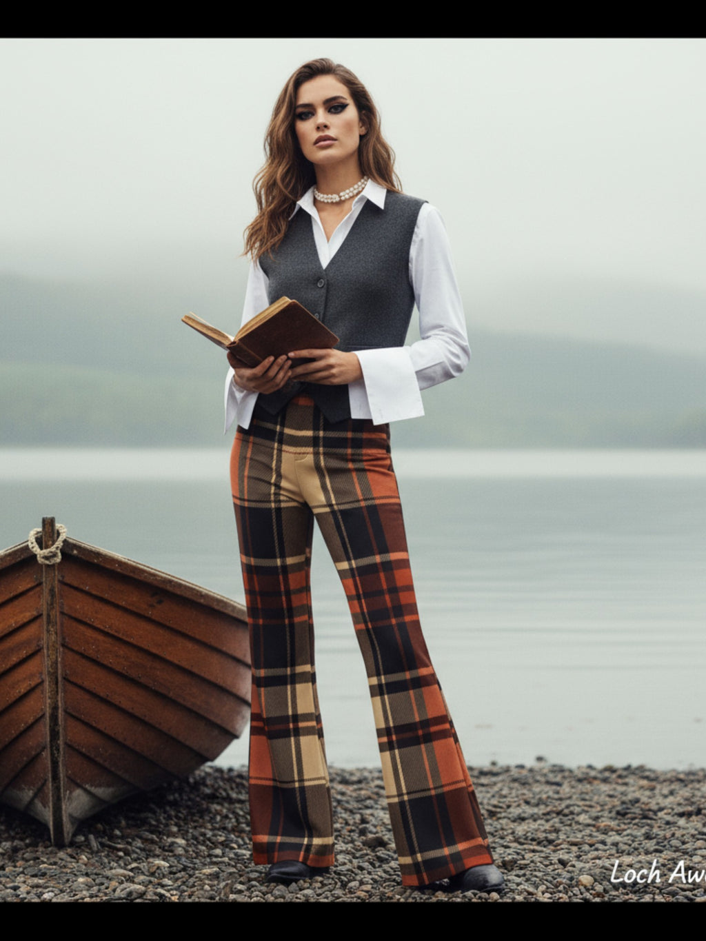 Woman wearing women’s wide leg high waist tartan trousers in brown and black plaid standing by a wooden boat on a rocky lakeshore
