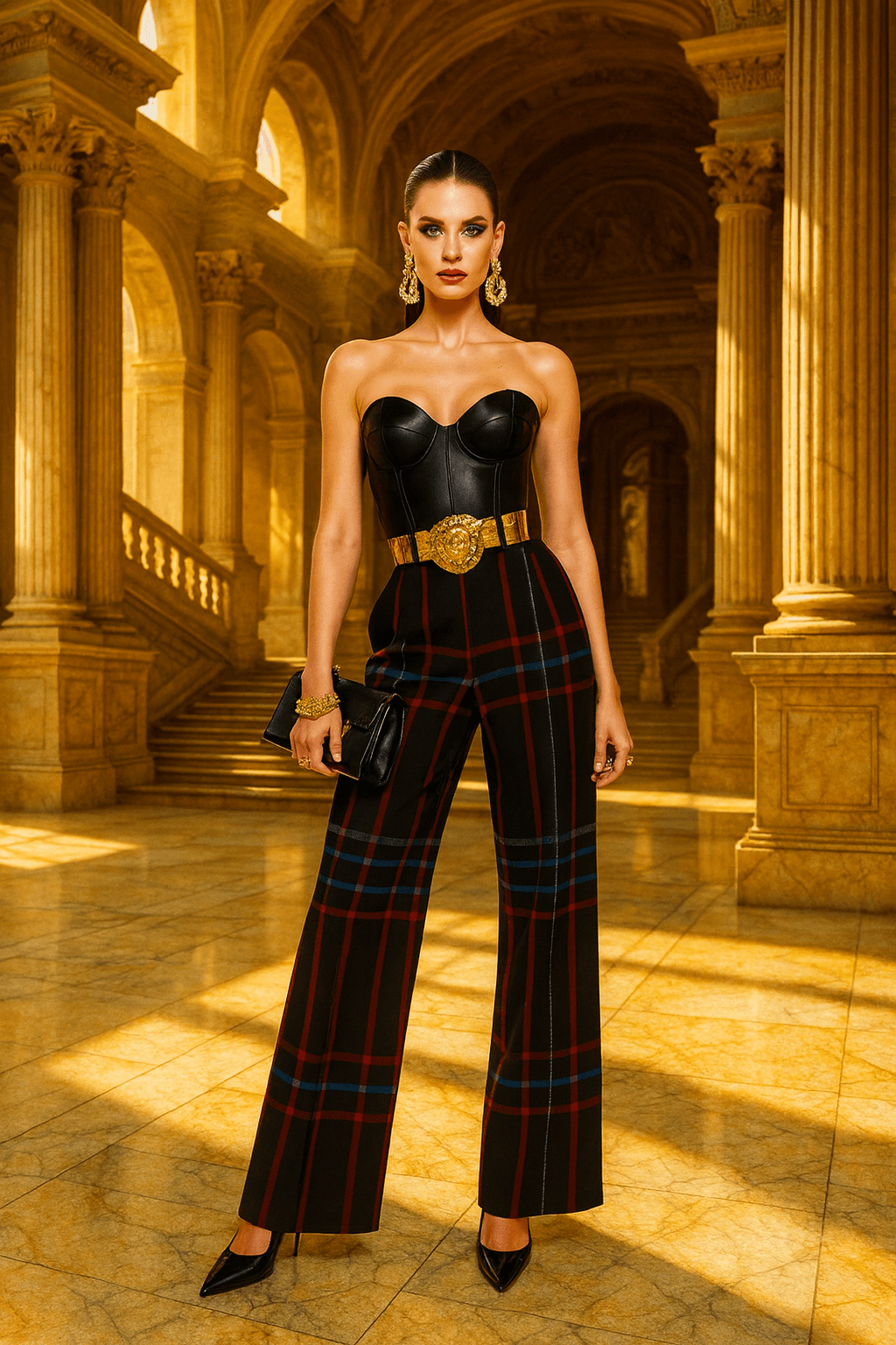 Model wearing women's wide-leg tartan trousers with black and red plaid pattern styled with a black corset top