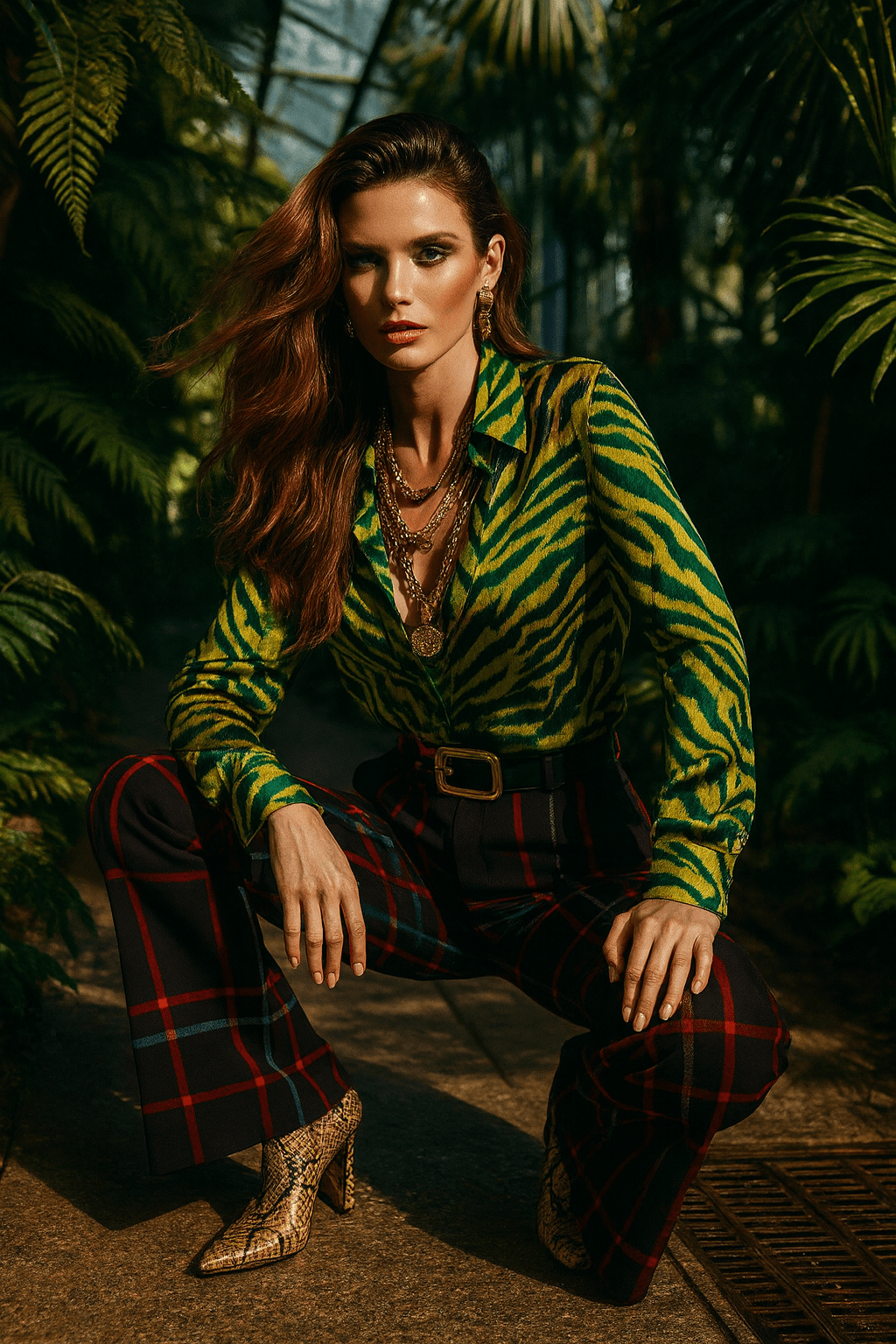 Woman wearing women's wide-leg tartan trousers from Angelic Blessings Shop paired with green patterned blouse and snakeskin boots