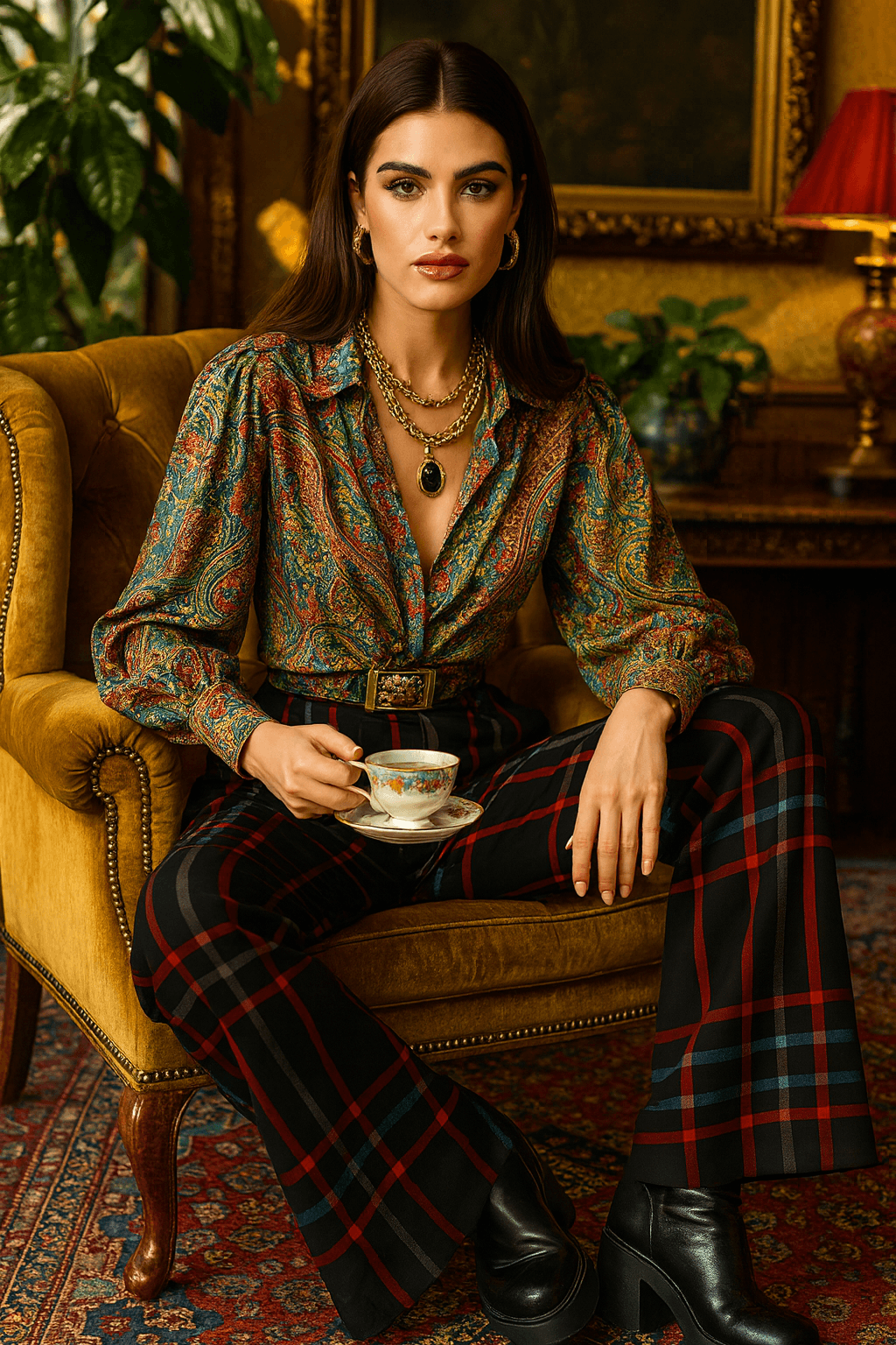 Woman wearing women's wide-leg tartan trousers sitting on vintage armchair holding teacup