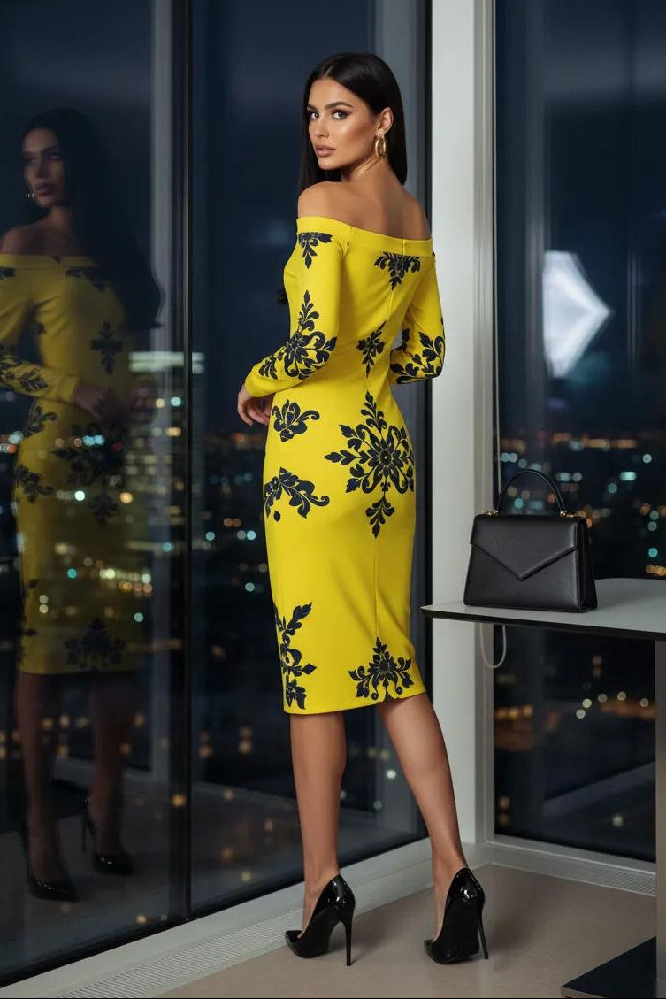 Yellow-Black Baroque floral dress elegant evening outfit with off shoulder design