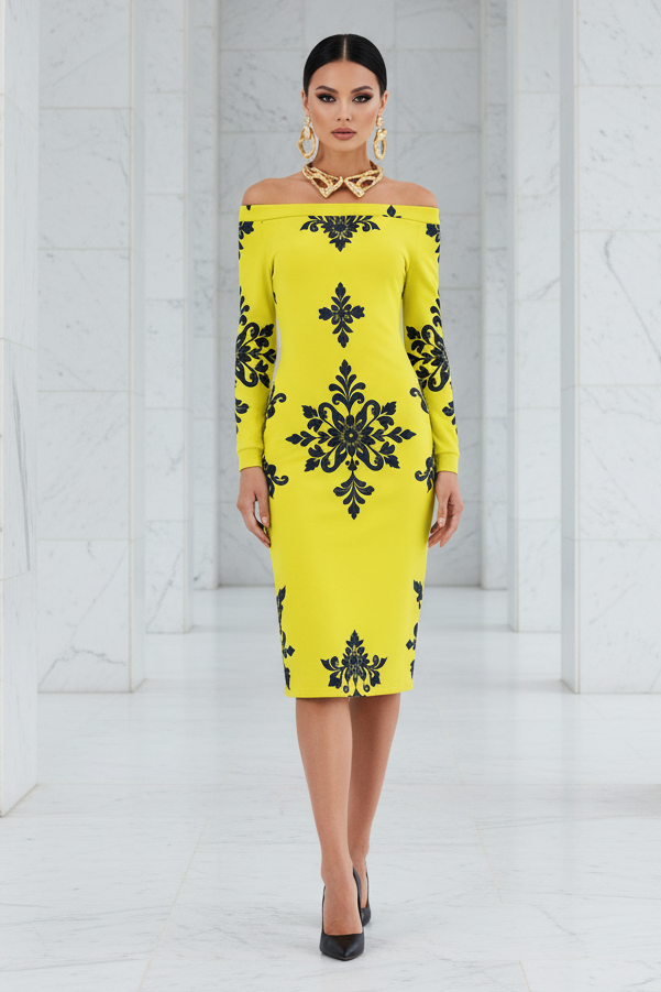 Yellow-Black Baroque Floral Dress Elegant Evening Outfit Long Sleeve Midi