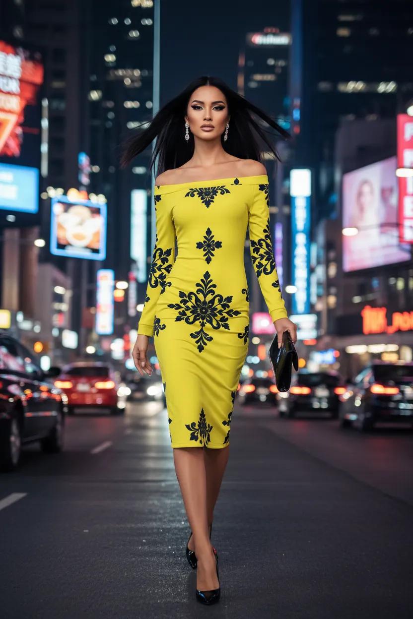 Yellow-Black Baroque Floral Dress Elegant Evening Outfit Stylish City Look