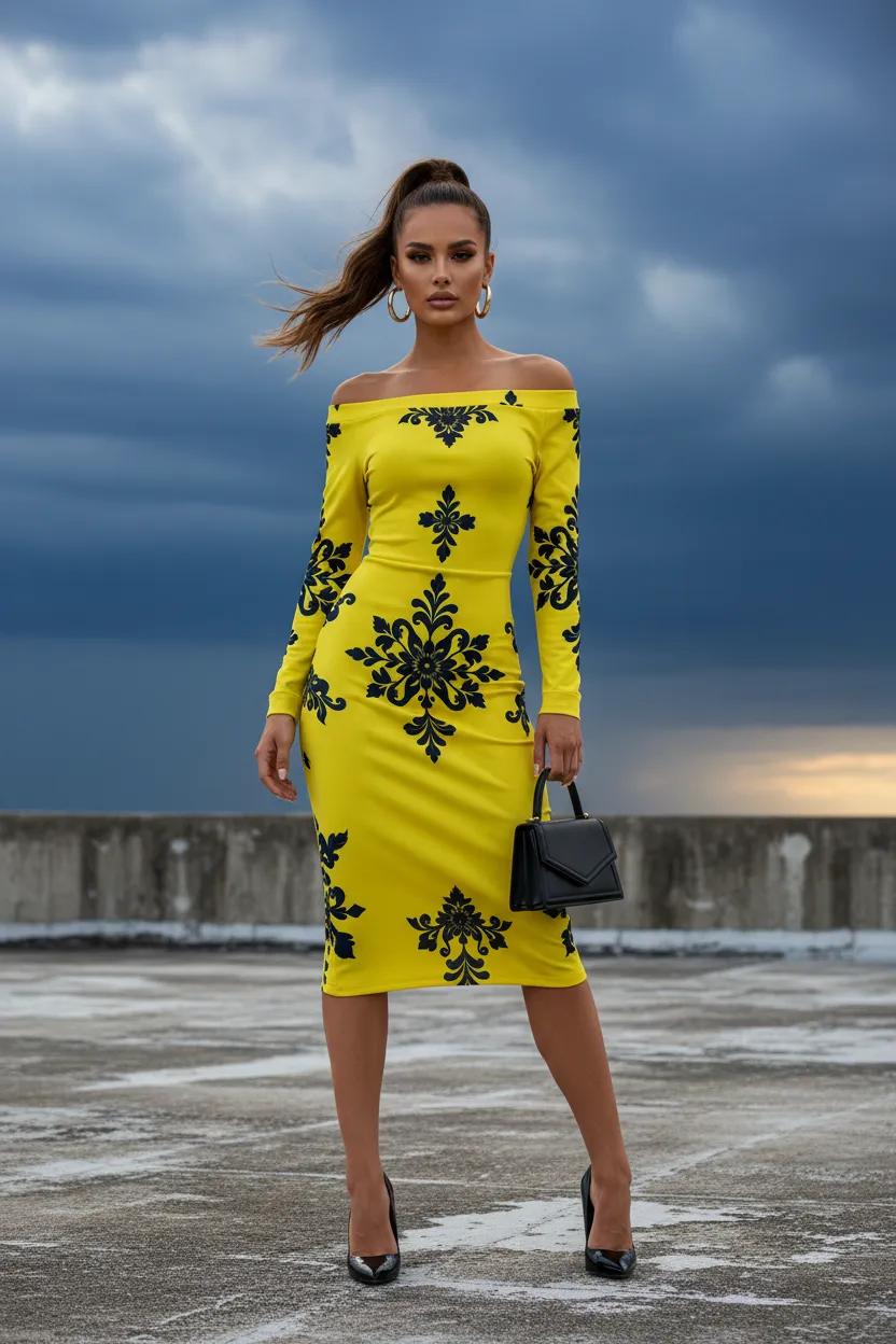 Yellow-Black Baroque Floral Dress Elegant Evening Outfit Stylish Off Shoulder
