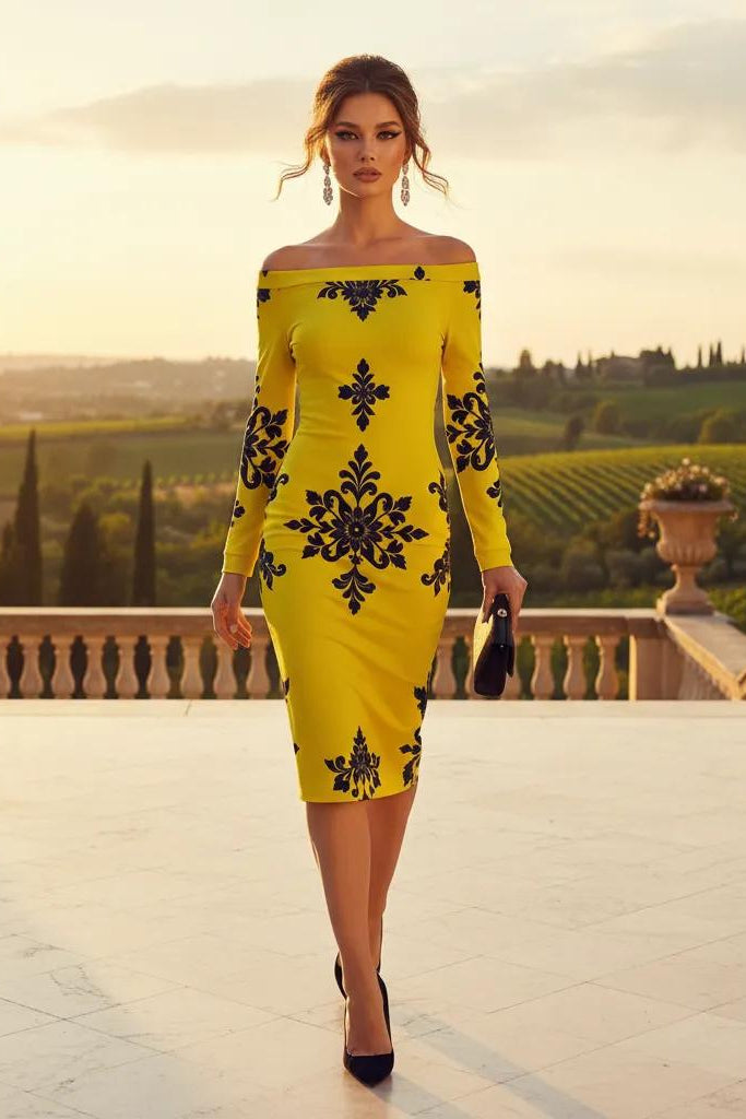 Yellow-Black Baroque Floral Dress Elegant Evening Outfit Stylish Look