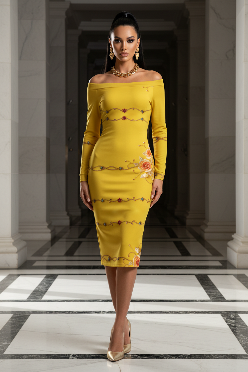 Yellow Gold Baroque Off Shoulder Bodycon Midi Dress For Women With Long Sleeves And Fitted Silhouette Elegant Luxury Evening Outfit Stylish Formal Look
